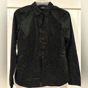 Black & white polka dot button down shirt.